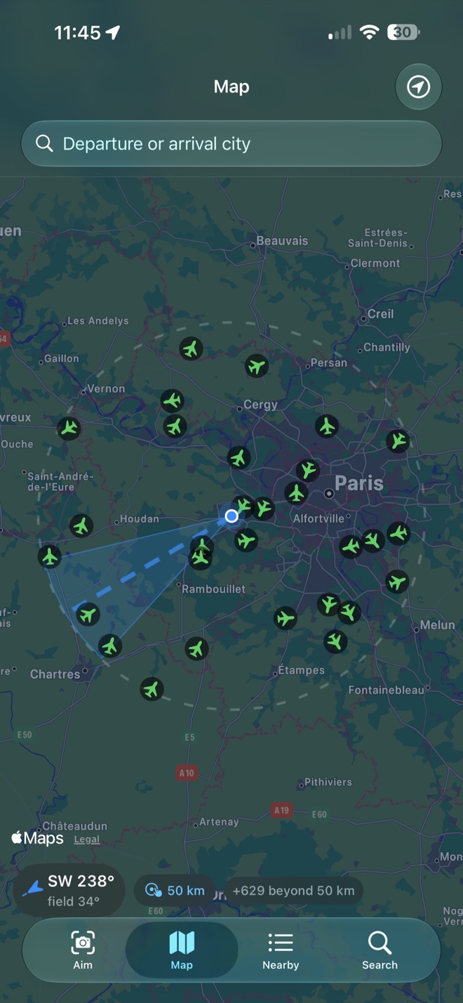 Map of traffic around Paris with a blue cone showing the camera's field of view.