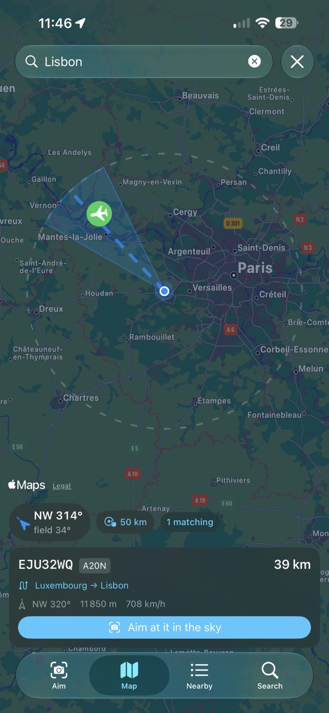 Searching the map for Lisbon; one flight matches, Luxembourg to Lisbon, with a button to aim at it.