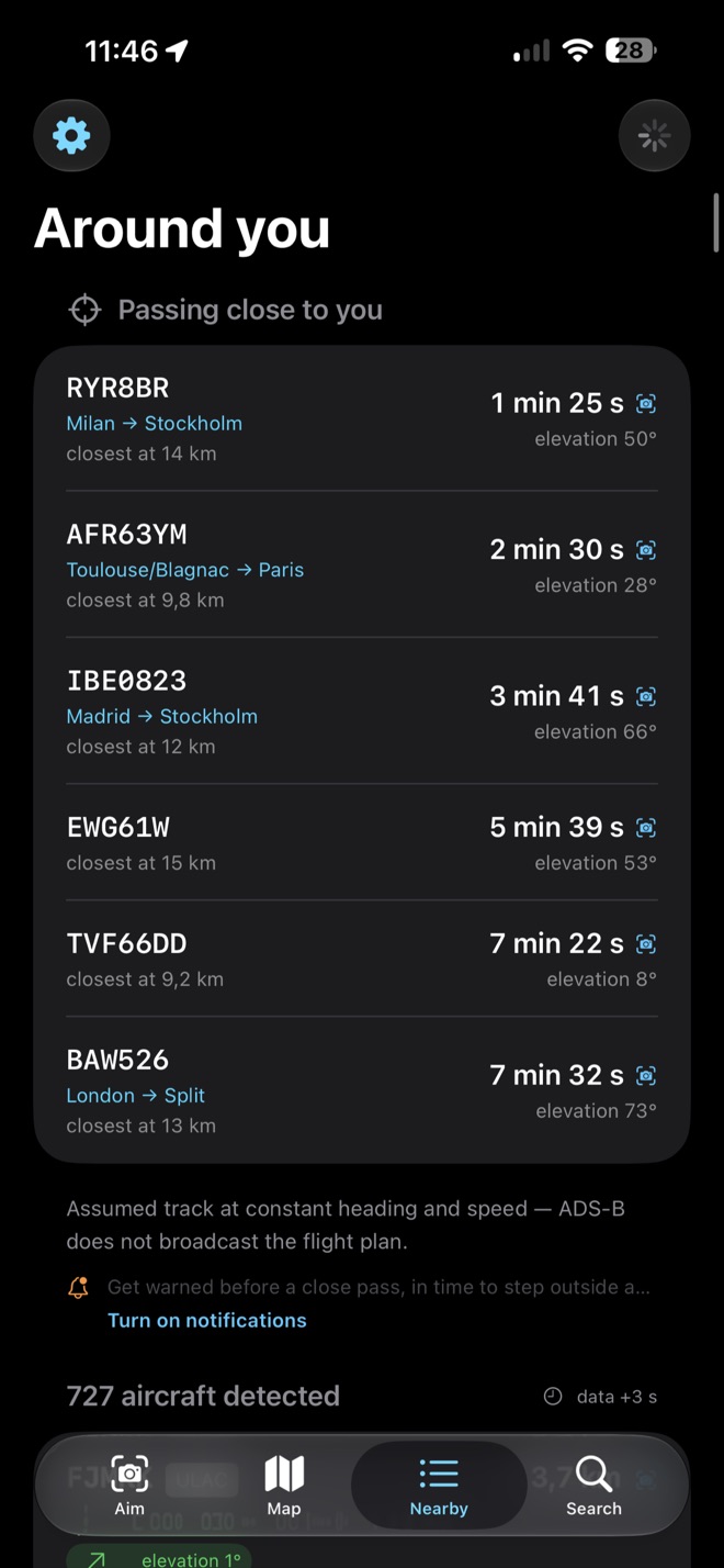 A list of aircraft about to pass close, each with a countdown, closest distance and elevation.