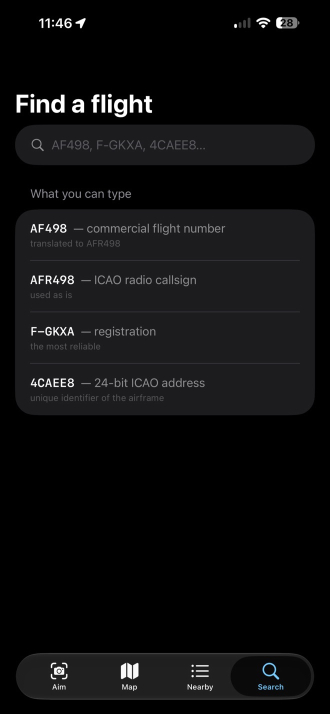 The search screen listing the four accepted formats: flight number, callsign, registration and ICAO address.
